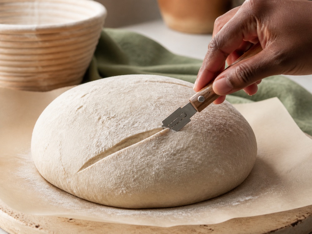 A scored sourdough loaf ready for baking