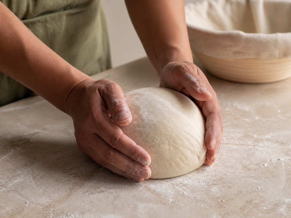 Hands gently shaping dough